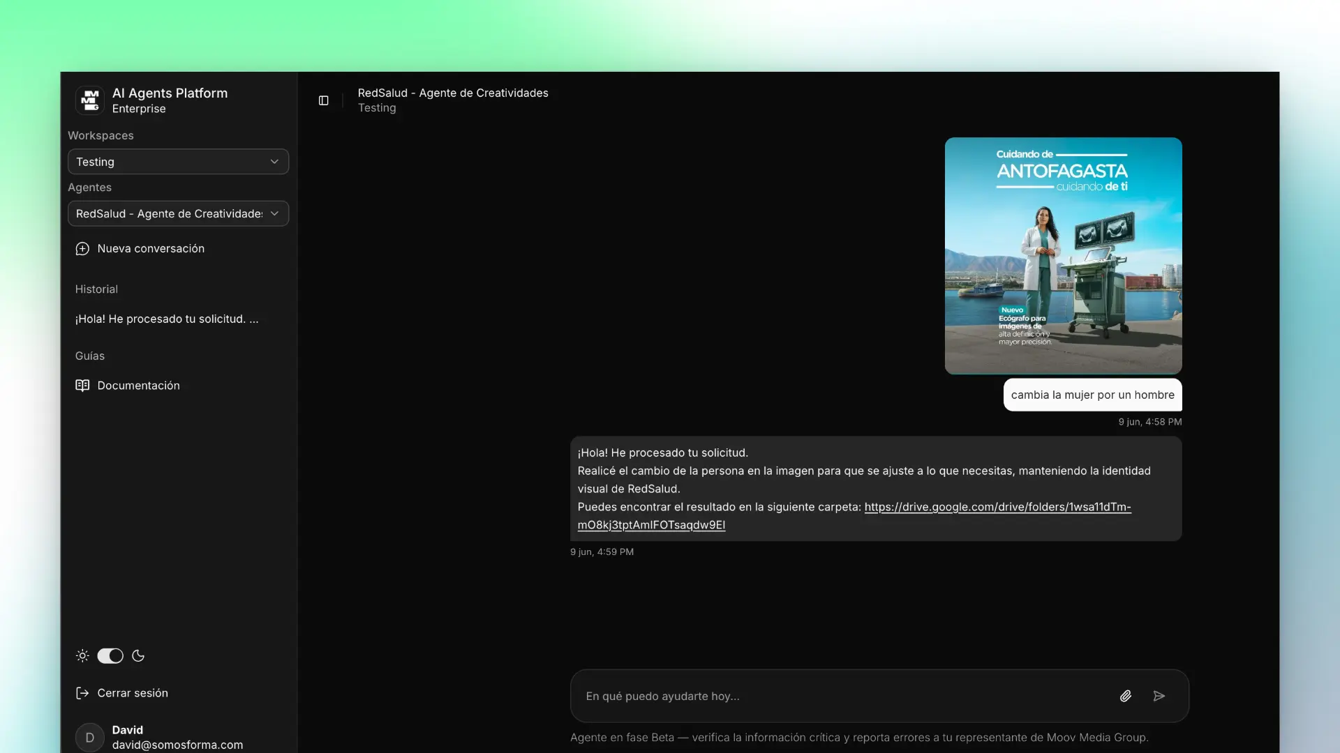Conversational interface for interacting with a specialized agent