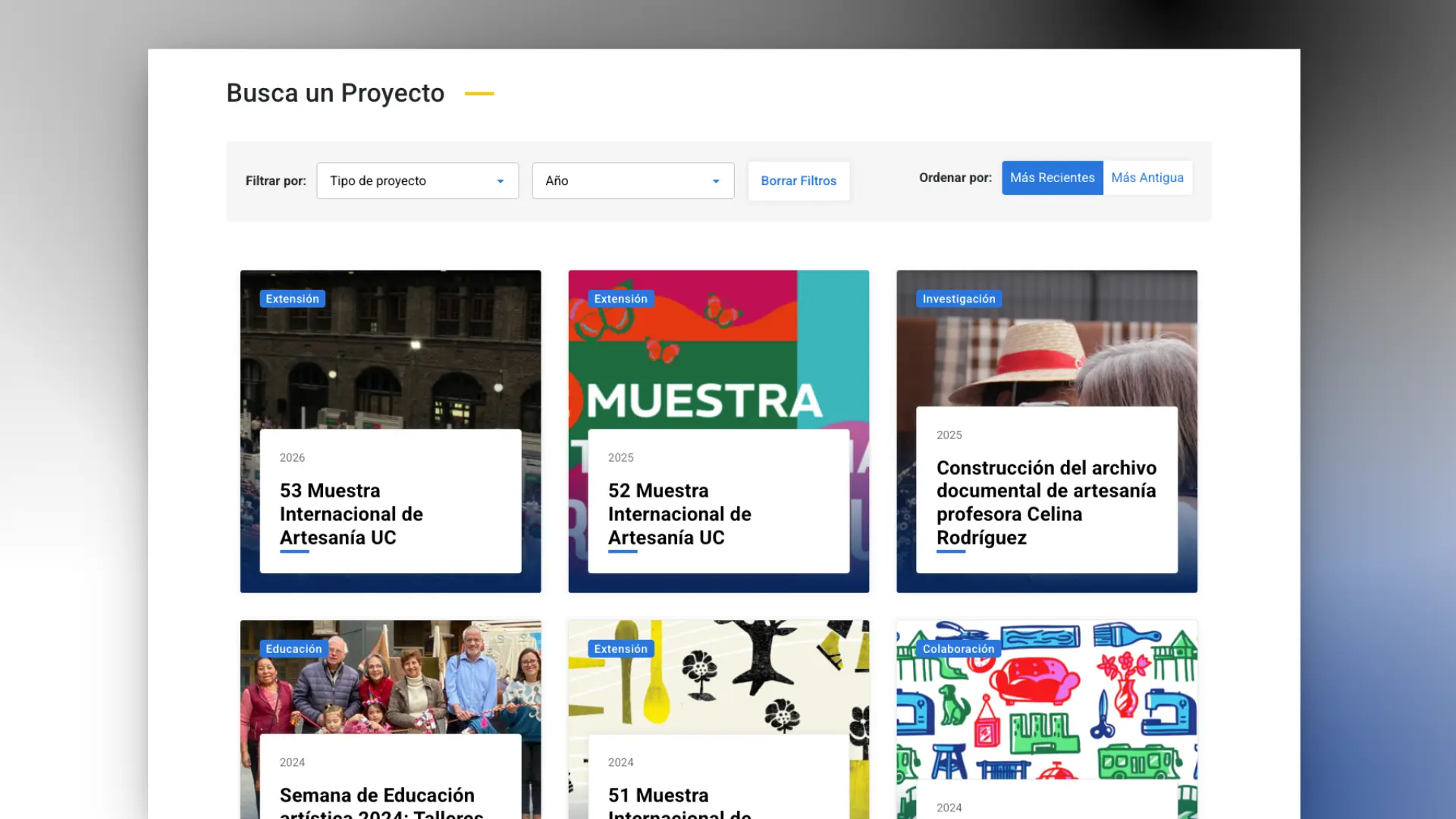 Sección de proyectos de Artesania UC